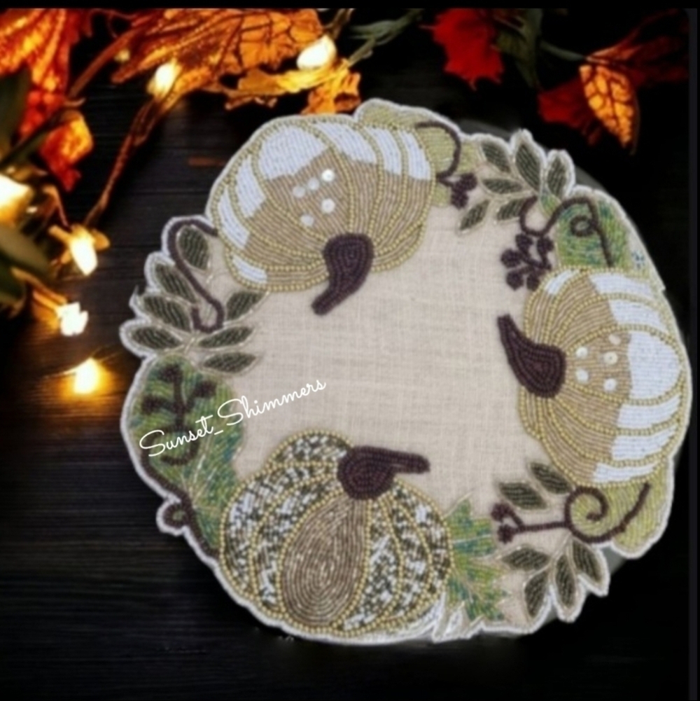 4 Nicole Miller Thanksgiving Beaded WHITE PUMPKIN Jute Placemat Chargers New